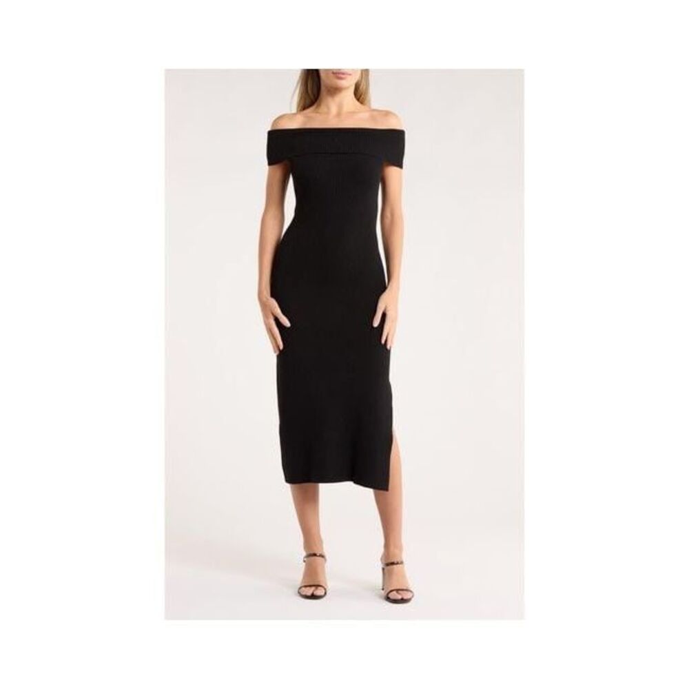 Rails Anaya Off The Shoulder Short Sleeve Ribbed Midi Dress Black Size Small NWT